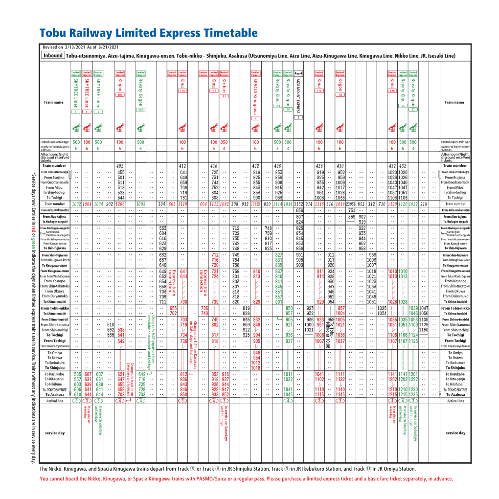 Tobu Railway Limited Express Timetable