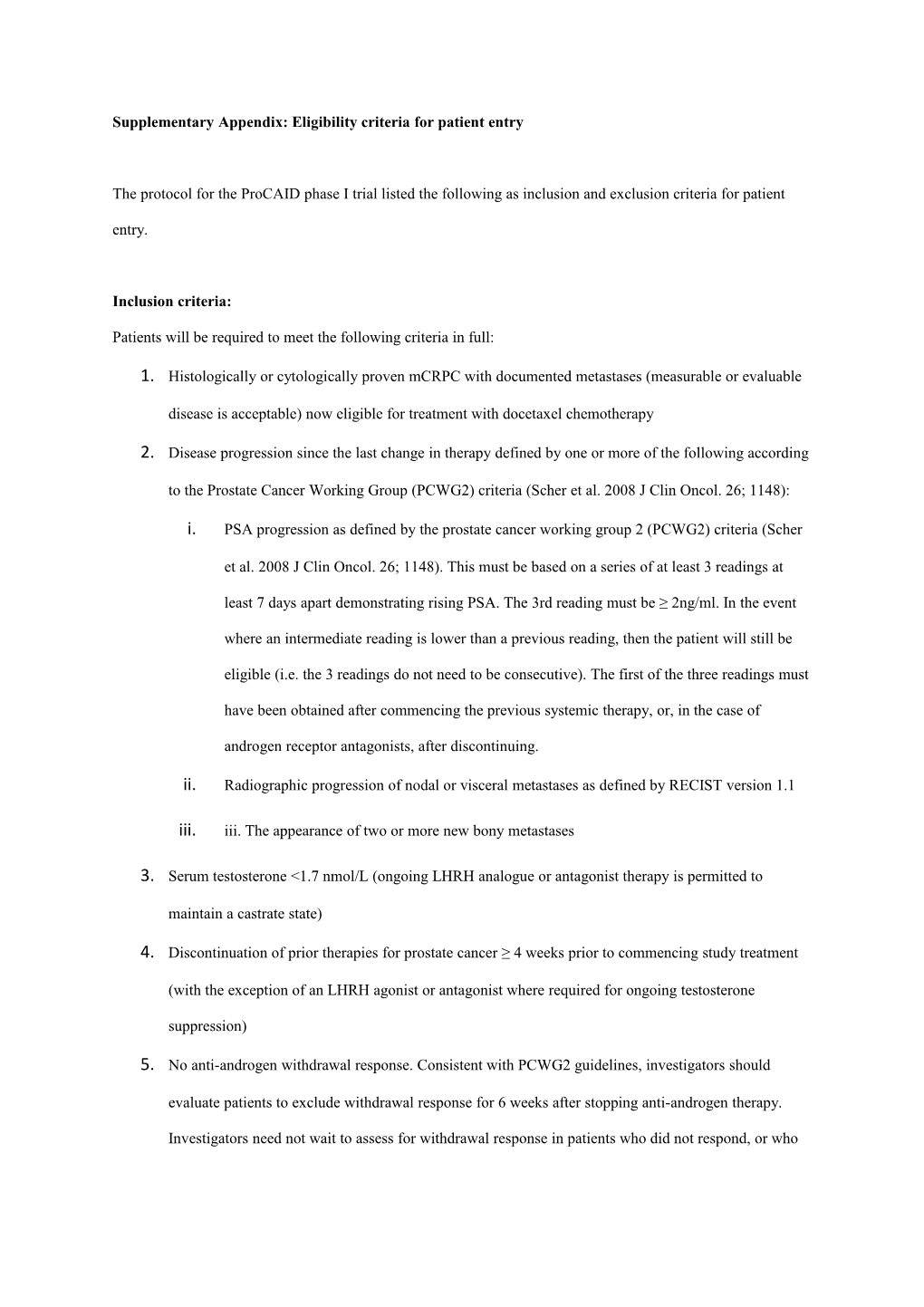 Supplementary Appendix: Eligibility Criteria for Patient Entry