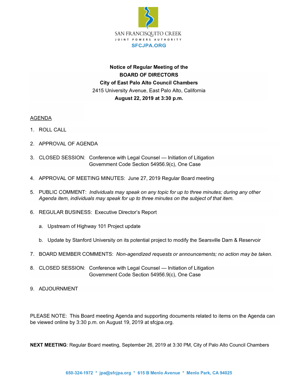 SFCJPA.ORG Notice of Regular Meeting of the BOARD OF