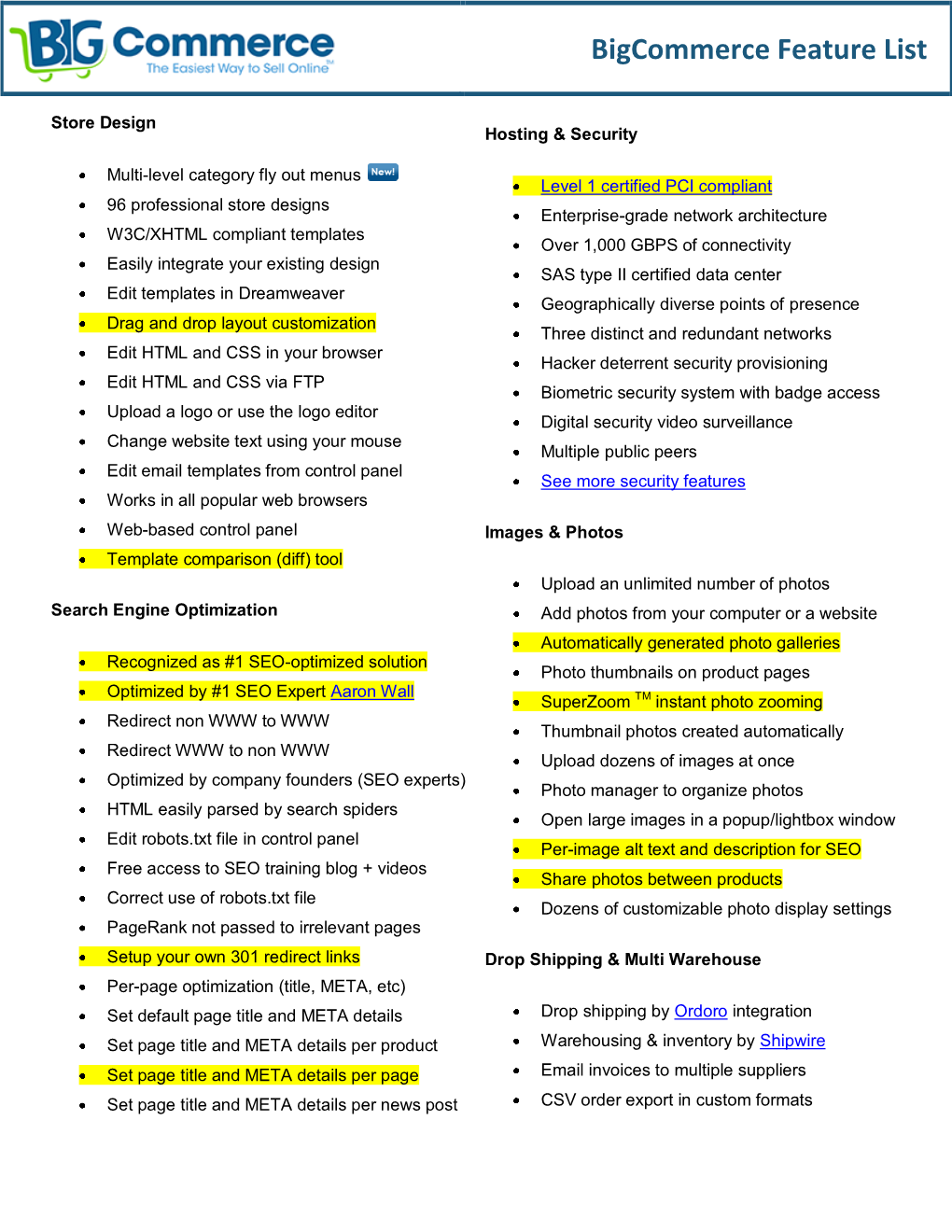 Bigcommerce Feature List