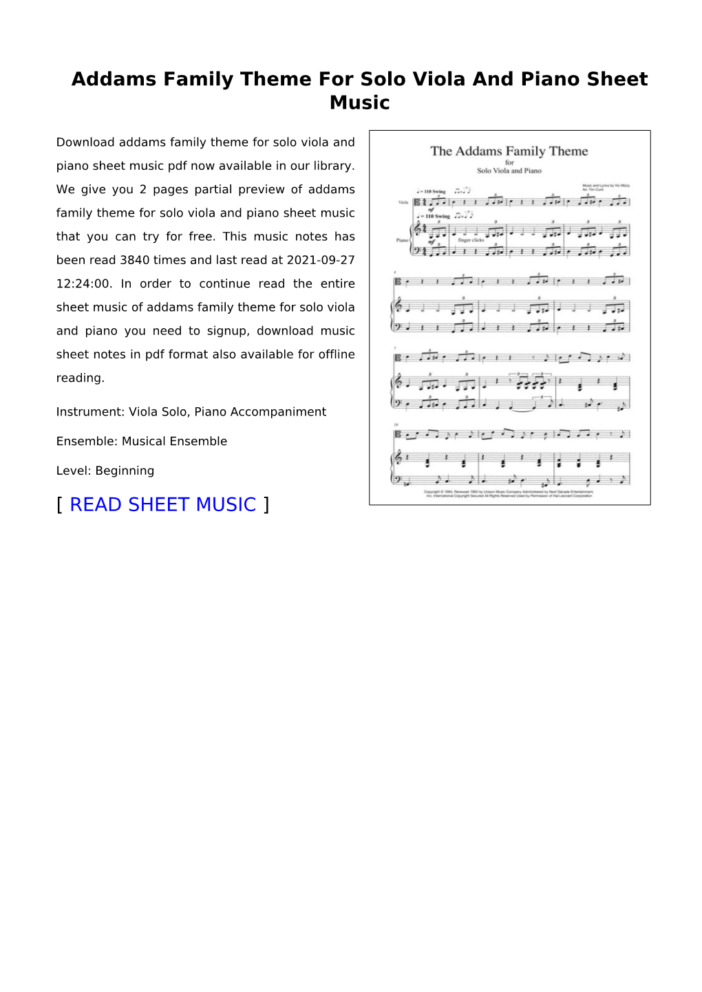 Addams Family Theme for Solo Viola and Piano Sheet Music