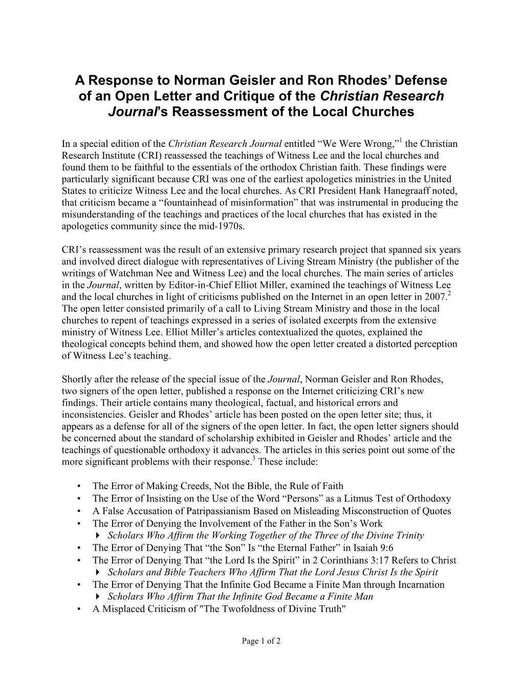 A Response to Norman Geisler and Ron Rhodes’ Defense of an Open Letter and Critique of the Christian Research Journal’S Reassessment of the Local Churches