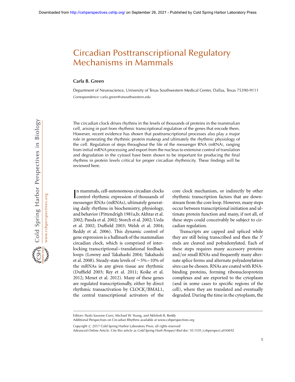 Circadian Posttranscriptional Regulatory Mechanisms in Mammals