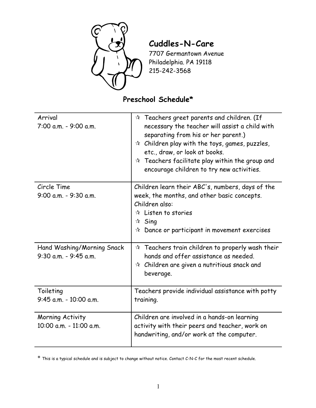 Preschool Schedule*