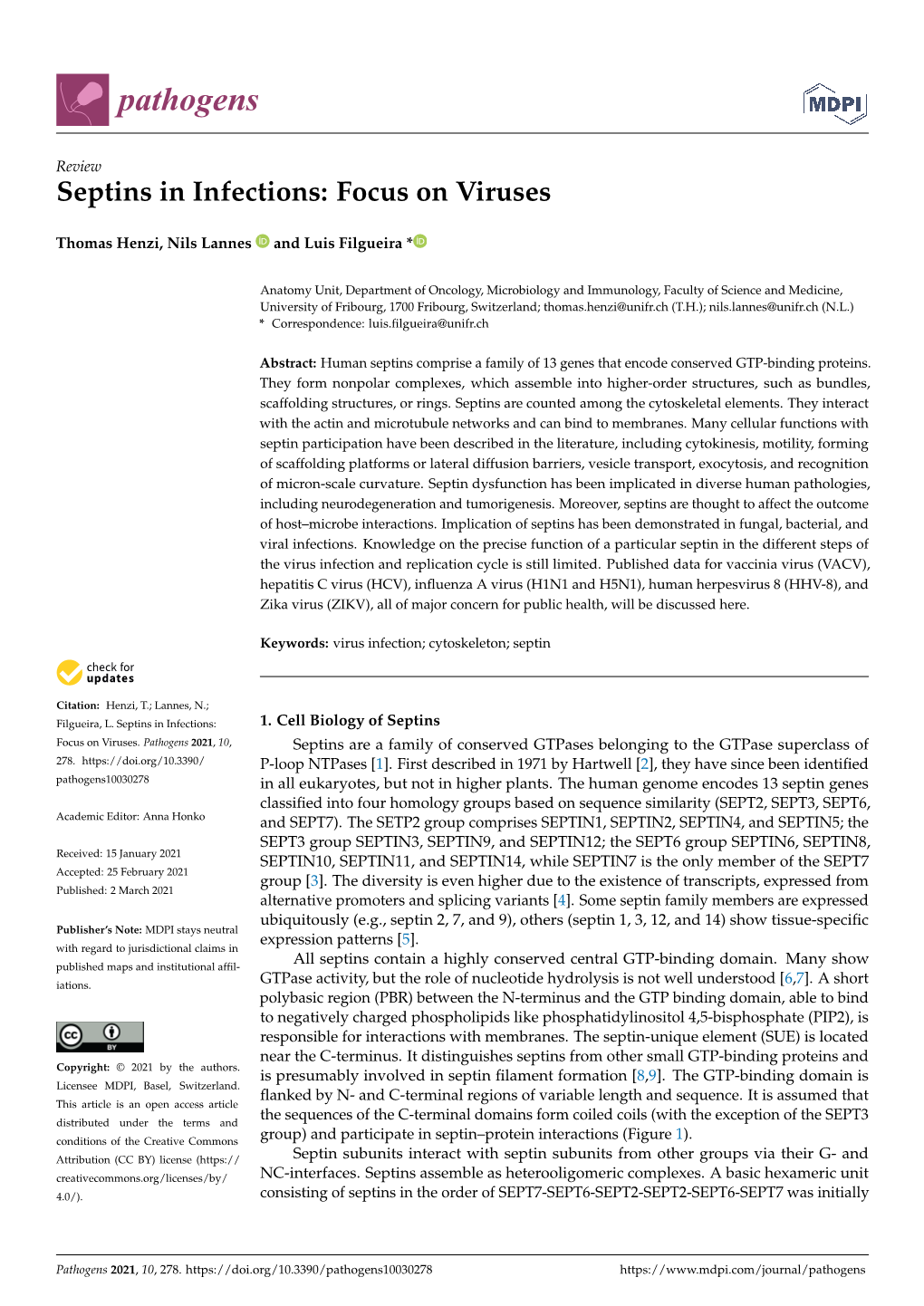 Septins in Infections: Focus on Viruses