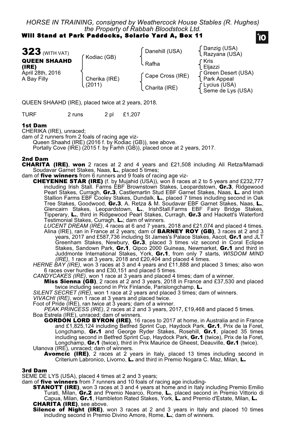 (R. Hughes) the Property of Rabbah Bloodstock Ltd. Will Stand at Park Paddocks, Solario Yard A, Box 11