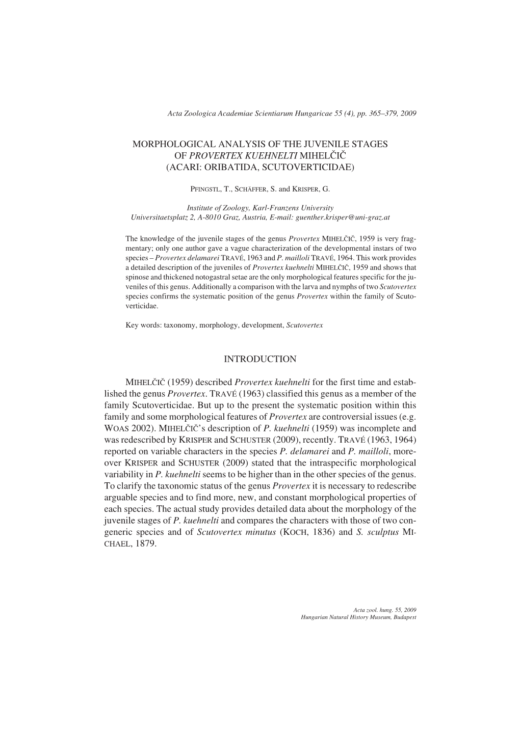 Morphological Analysis of the Juvenile Stages of Provertex Kuehnelti Mihelčič (Acari: Oribatida, Scutoverticidae)