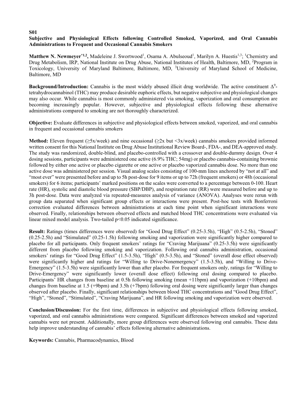 S01 Subjective and Physiological Effects Following Controlled Smoked, Vaporized, and Oral Cannabis Administrations to Frequent and Occasional Cannabis Smokers