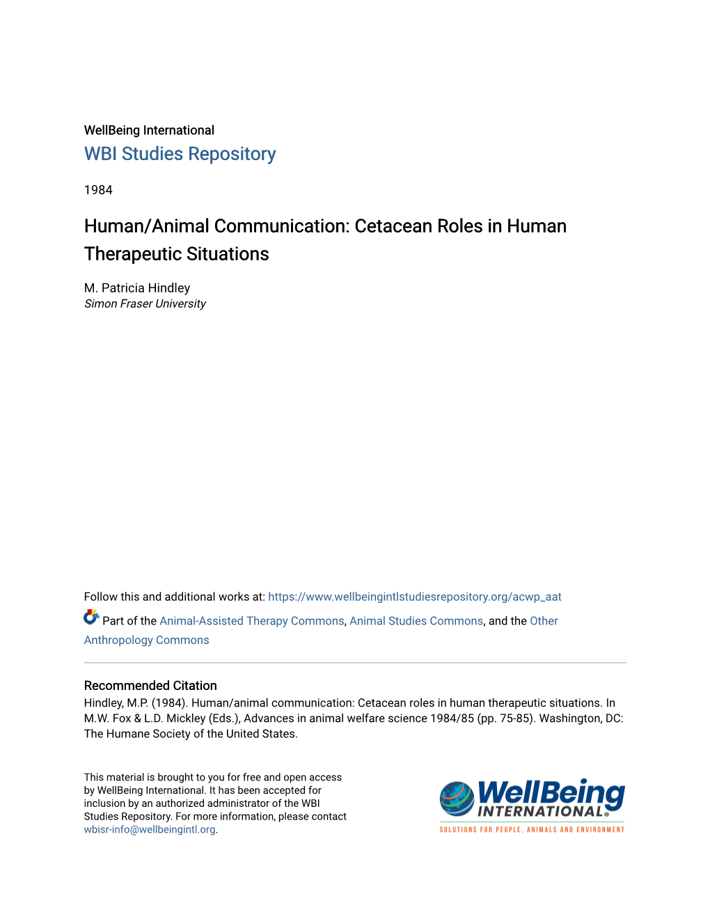 Human/Animal Communication: Cetacean Roles in Human Therapeutic Situations