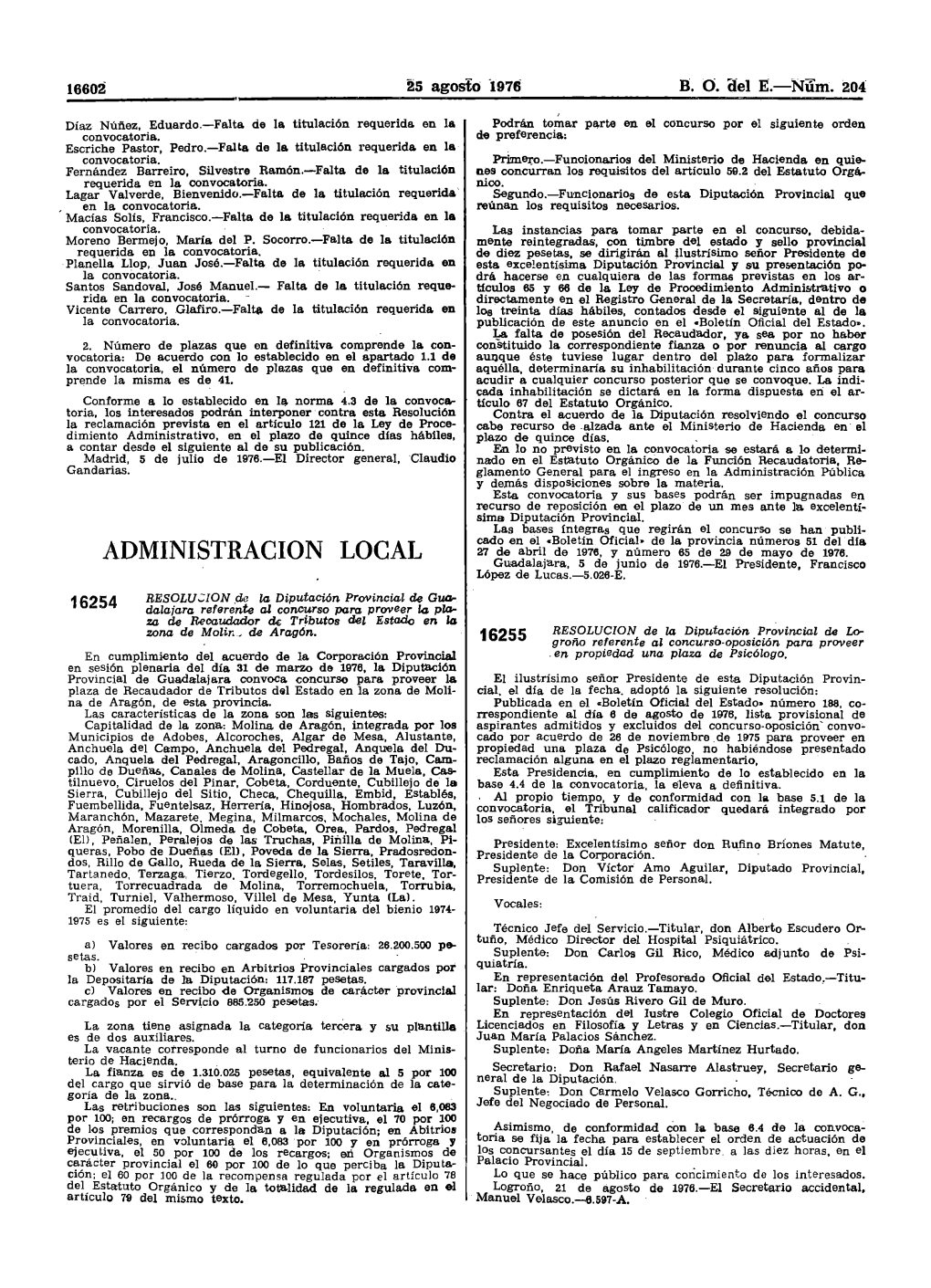 ADMINISTRACION LOCAL 27 De Abril De 1976, Y Número 65 De 29 De Mayo De 1976