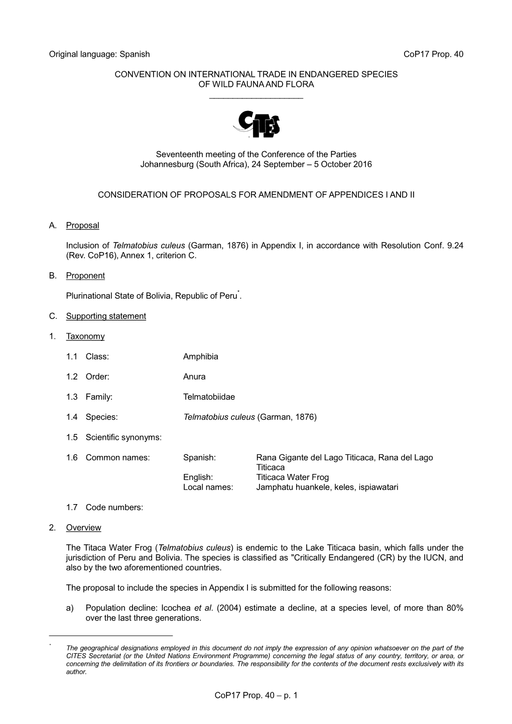 Propuesta De Enmienda Del Apéndice I O II Para La Cop16 De La CITES