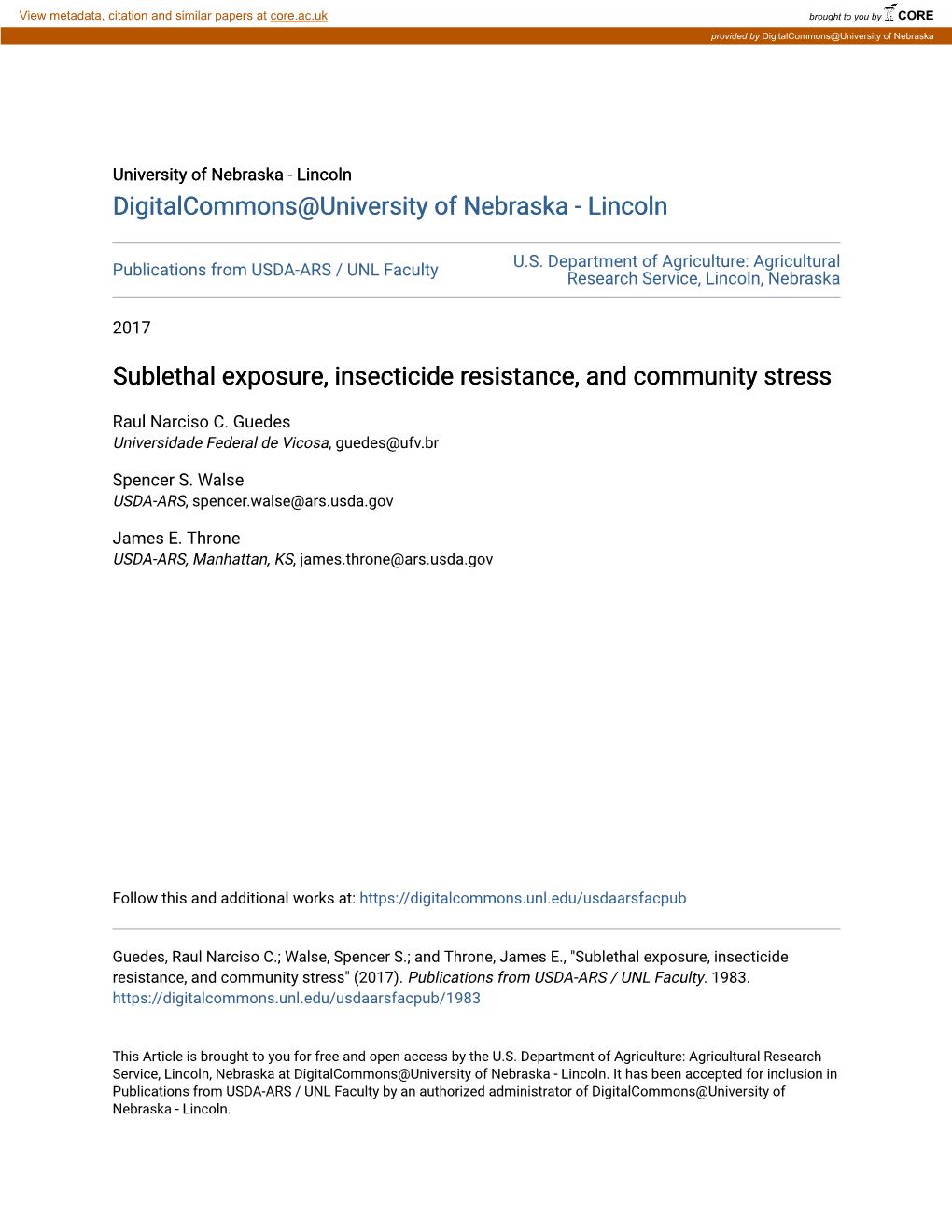 Sublethal Exposure, Insecticide Resistance, and Community Stress