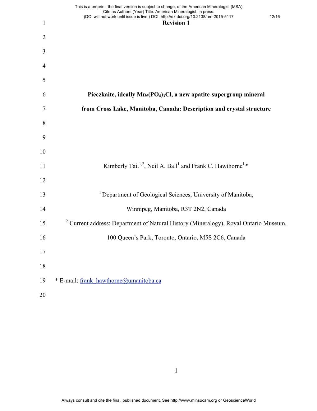 1 Revision 1 1 2 3 4 5 Pieczkaite, Ideally Mn5(PO4)3Cl, a New Apatite