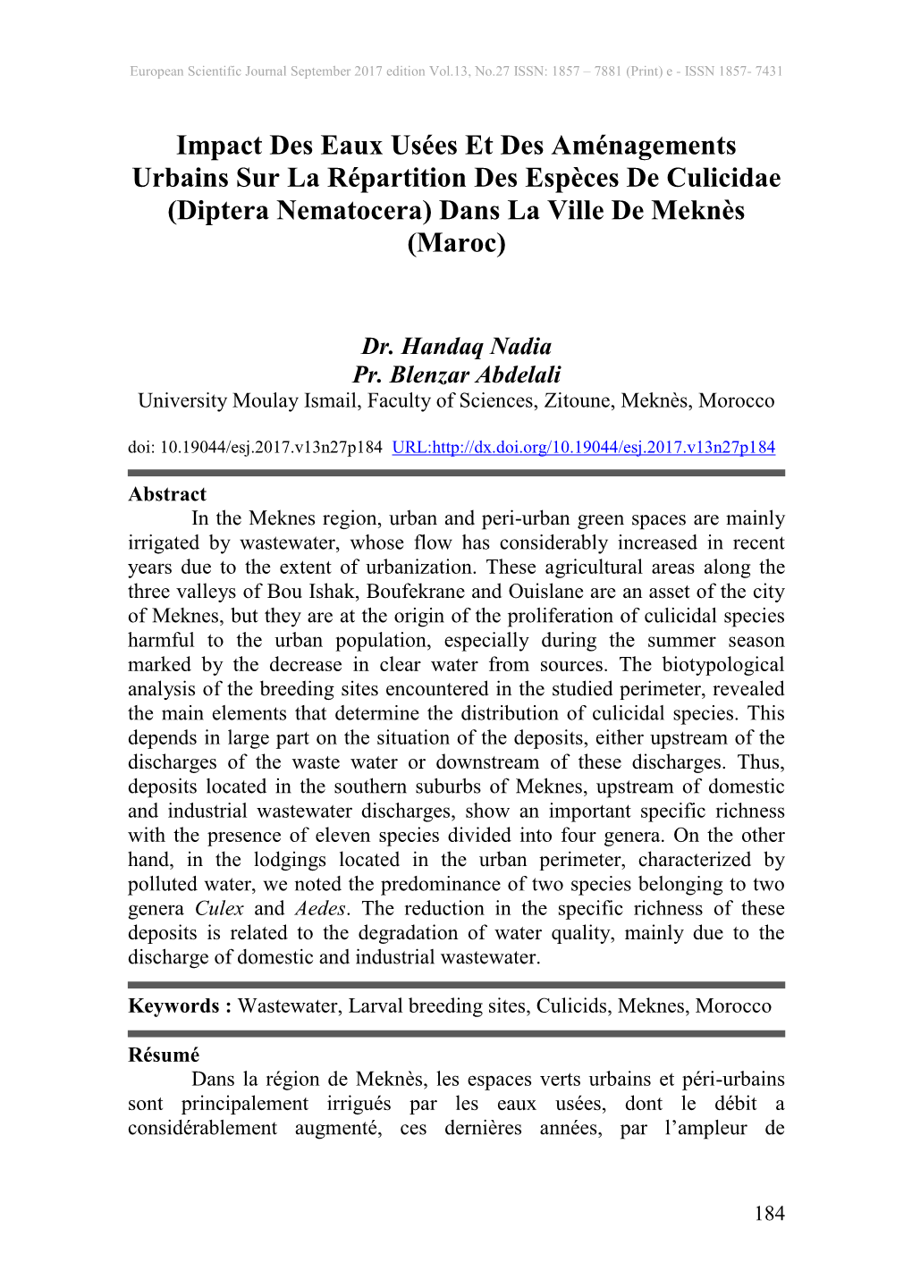 Impact Des Eaux Usées Et Des Aménagements Urbains Sur La Répartition Des Espèces De Culicidae (Diptera Nematocera) Dans La Ville De Meknès (Maroc)