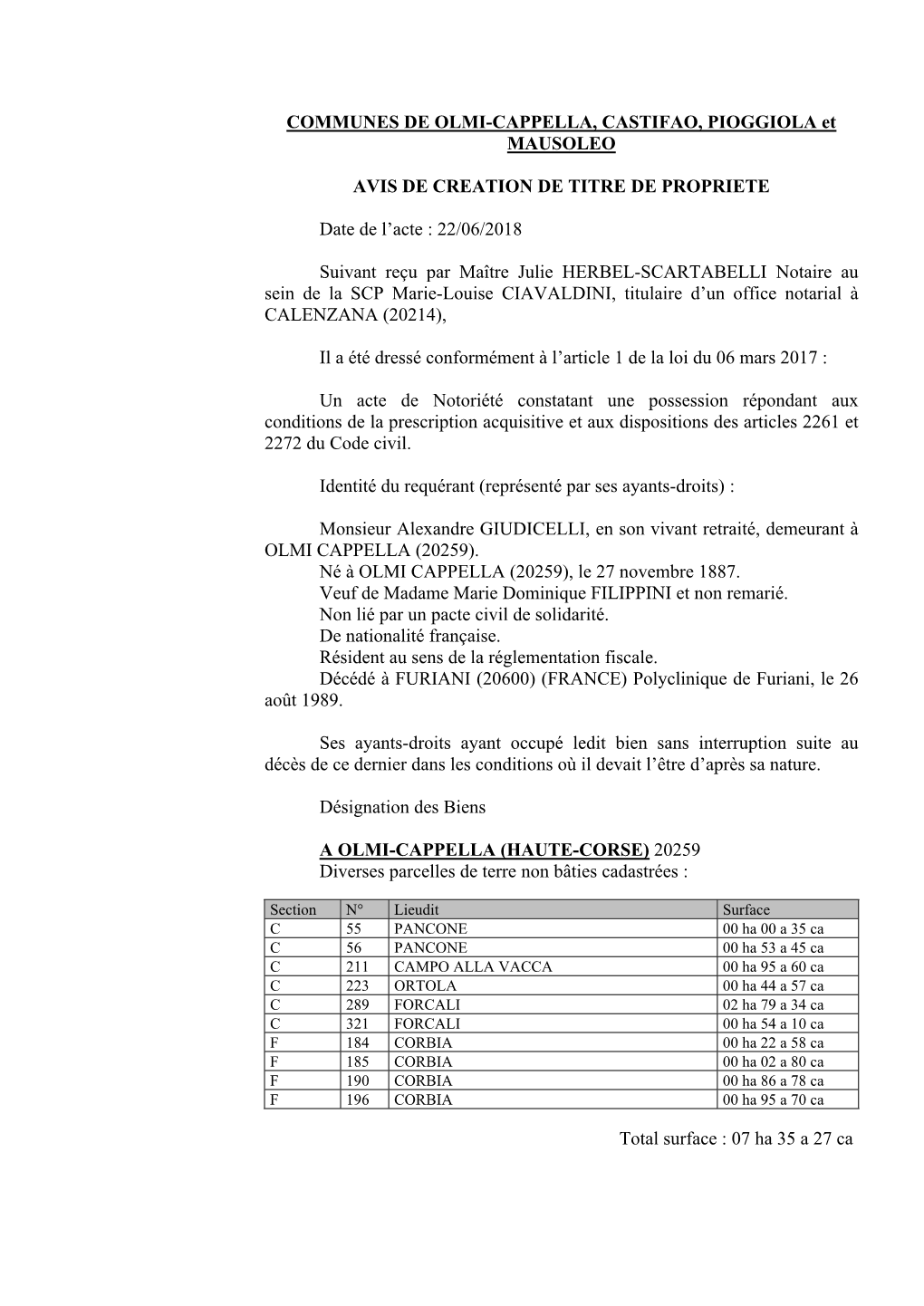 COMMUNES DE OLMI-CAPPELLA, CASTIFAO, PIOGGIOLA Et MAUSOLEO AVIS DE CREATION DE TITRE DE PROPRIETE Date De L'acte