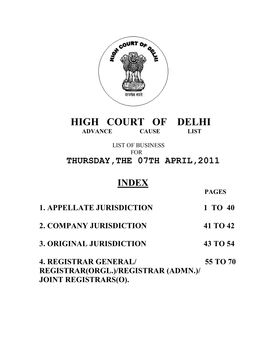 High Court of Delhi Advance Cause List