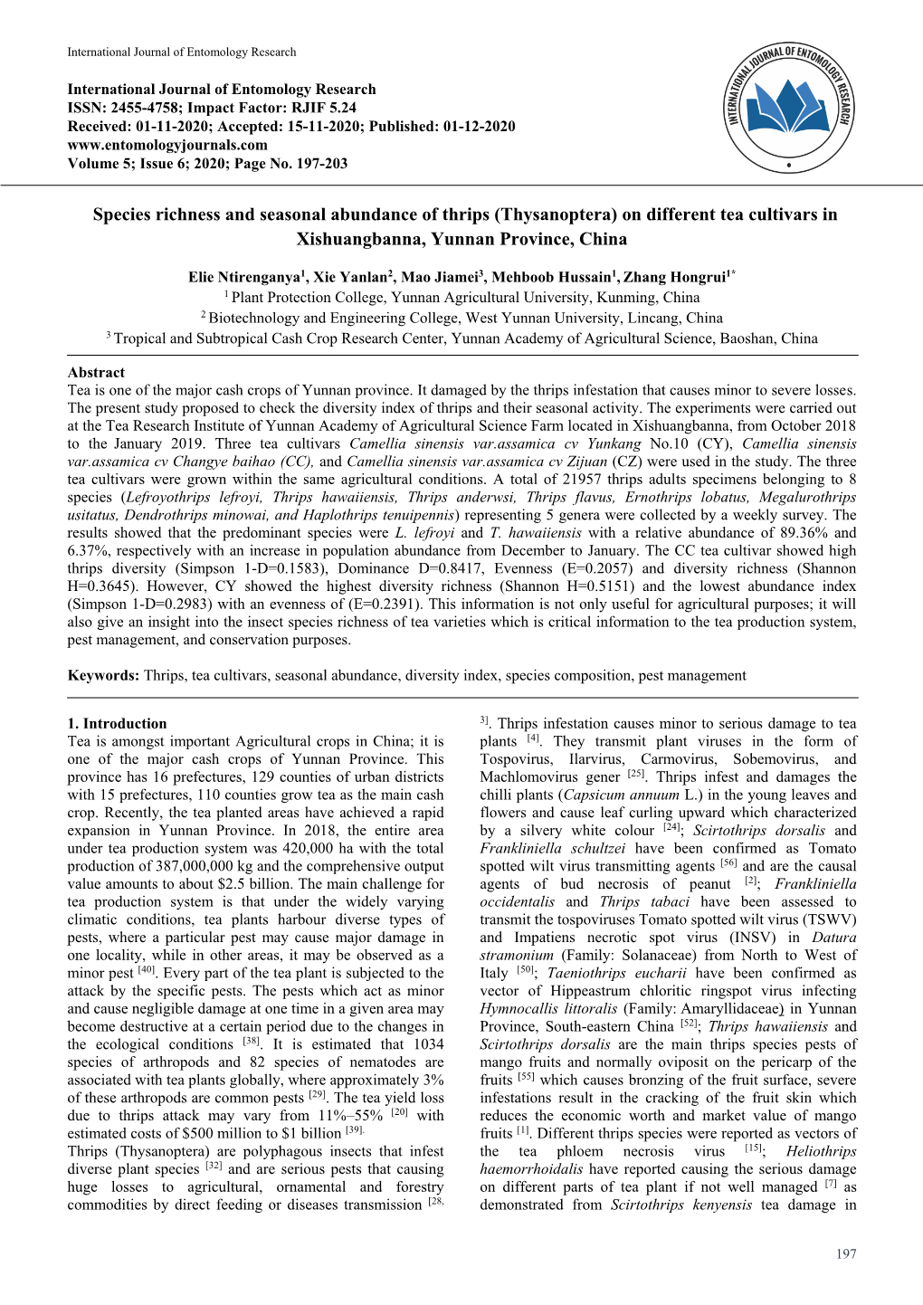 Thysanoptera) on Different Tea Cultivars in Xishuangbanna, Yunnan Province, China