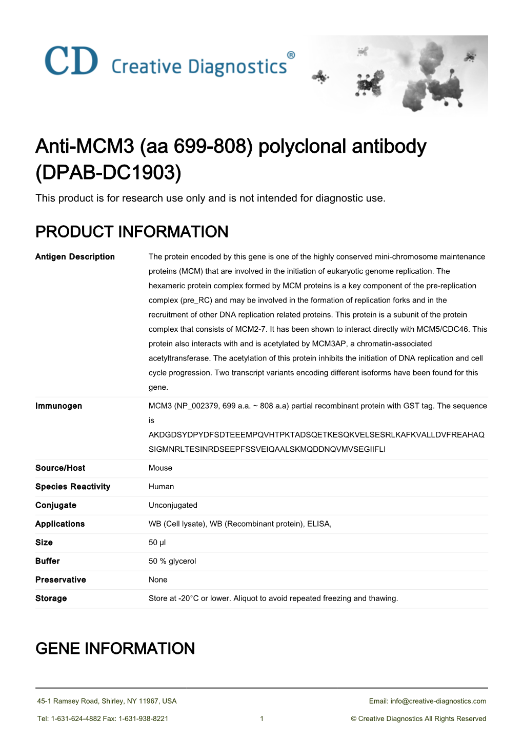Anti-MCM3 (Aa 699-808) Polyclonal Antibody (DPAB-DC1903) This Product Is for Research Use Only and Is Not Intended for Diagnostic Use