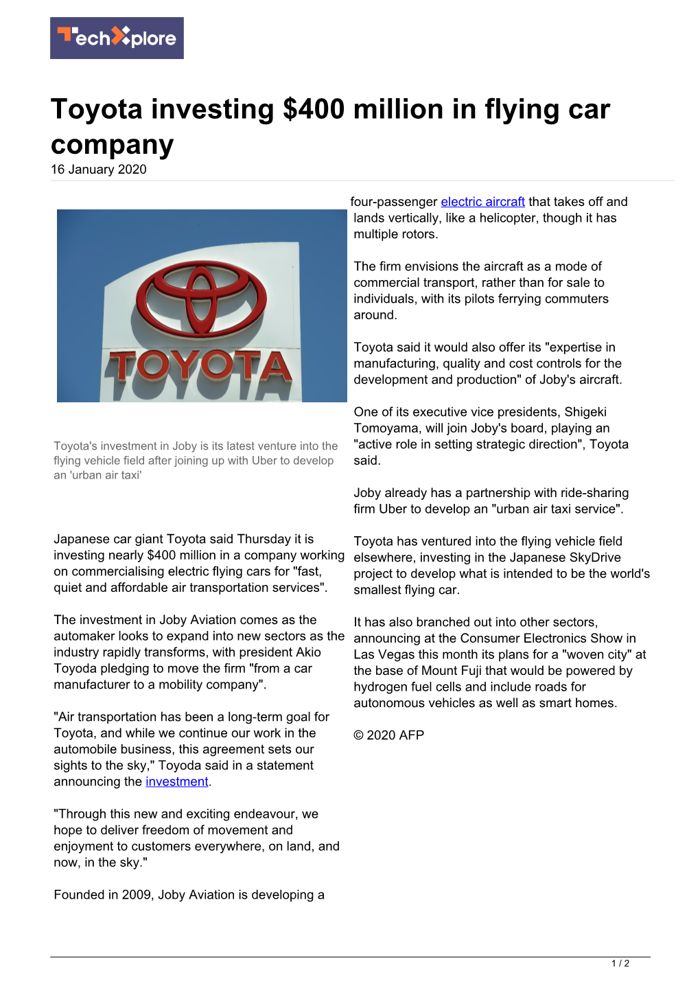 Toyota Investing $400 Million in Flying Car Company 16 January 2020