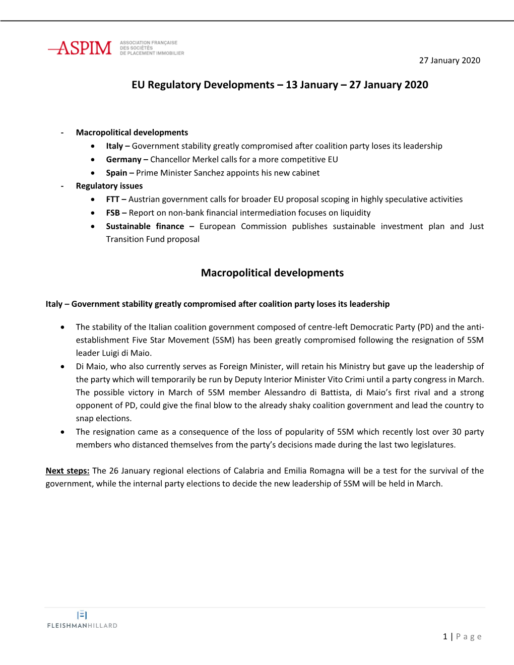 EU Regulatory Developments – 13 January – 27 January 2020