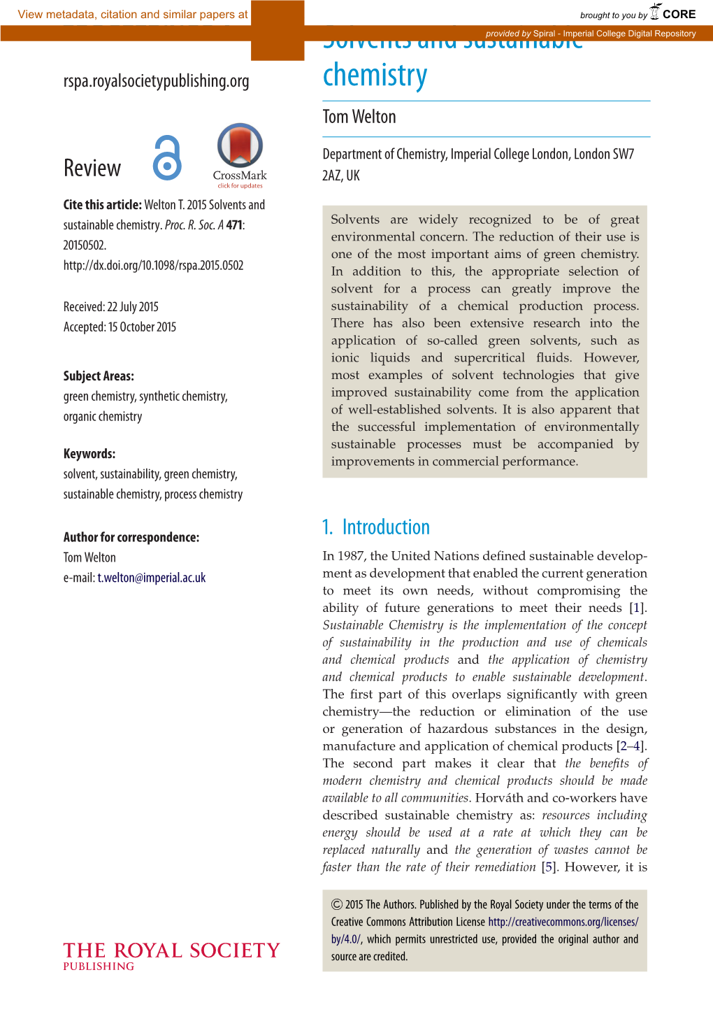 Solvents and Sustainable Chemistry