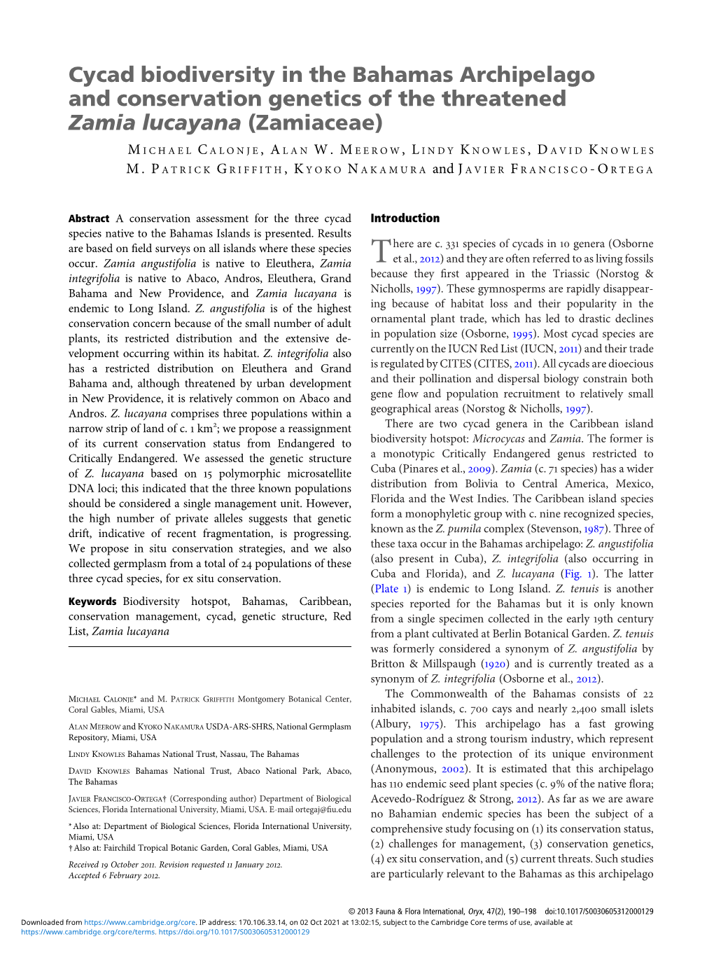 Cycad Biodiversity in the Bahamas Archipelago and Conservation Genetics of the Threatened Zamia Lucayana (Zamiaceae)