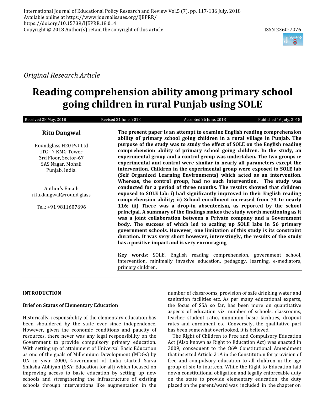 Reading Comprehension Ability Among Primary School Going Children in Rural Punjab Using SOLE