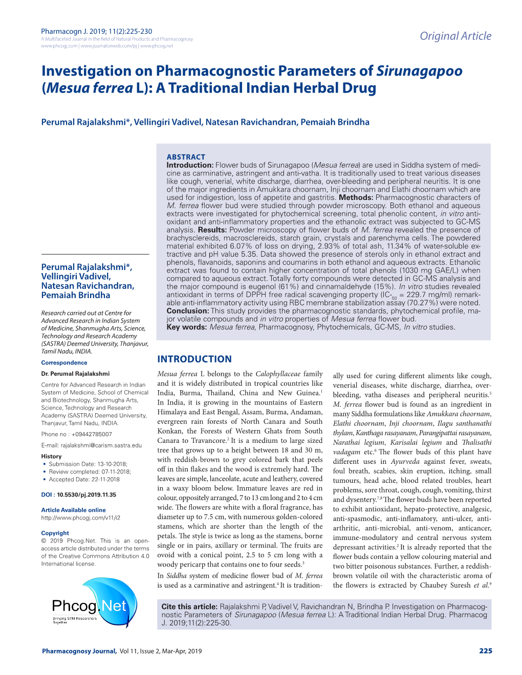 Mesua Ferrea L): a Traditional Indian Herbal Drug