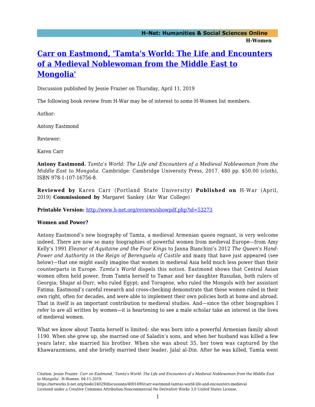 Carr on Eastmond, 'Tamta's World: the Life and Encounters of a Medieval Noblewoman from the Middle East to Mongolia'