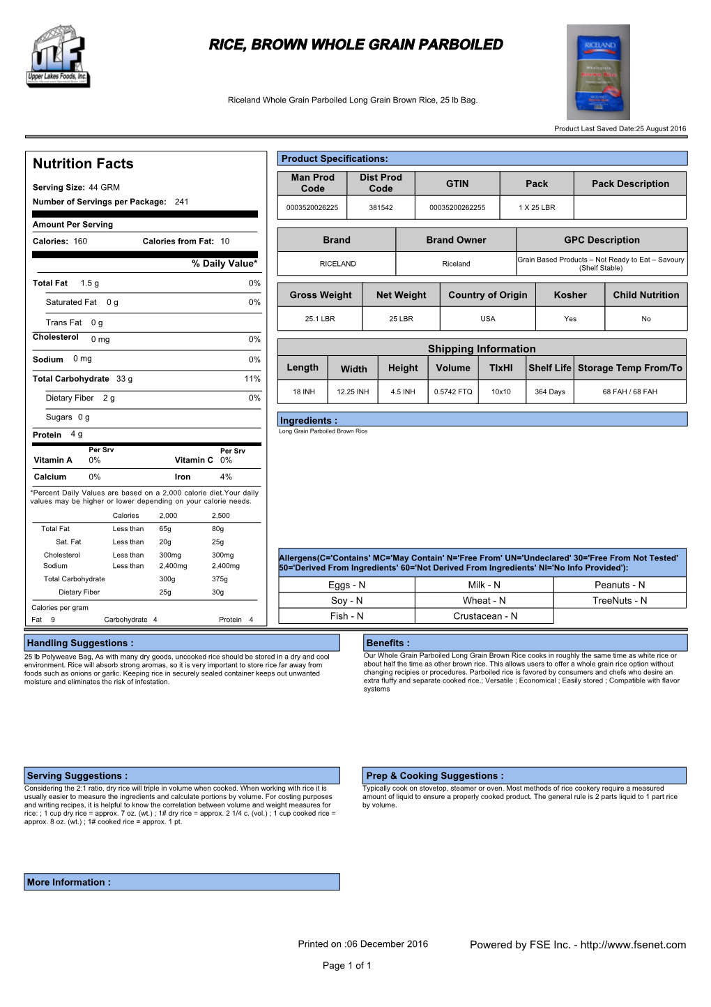 RICE, BROWN WHOLE GRAIN PARBOILED Nutrition Facts