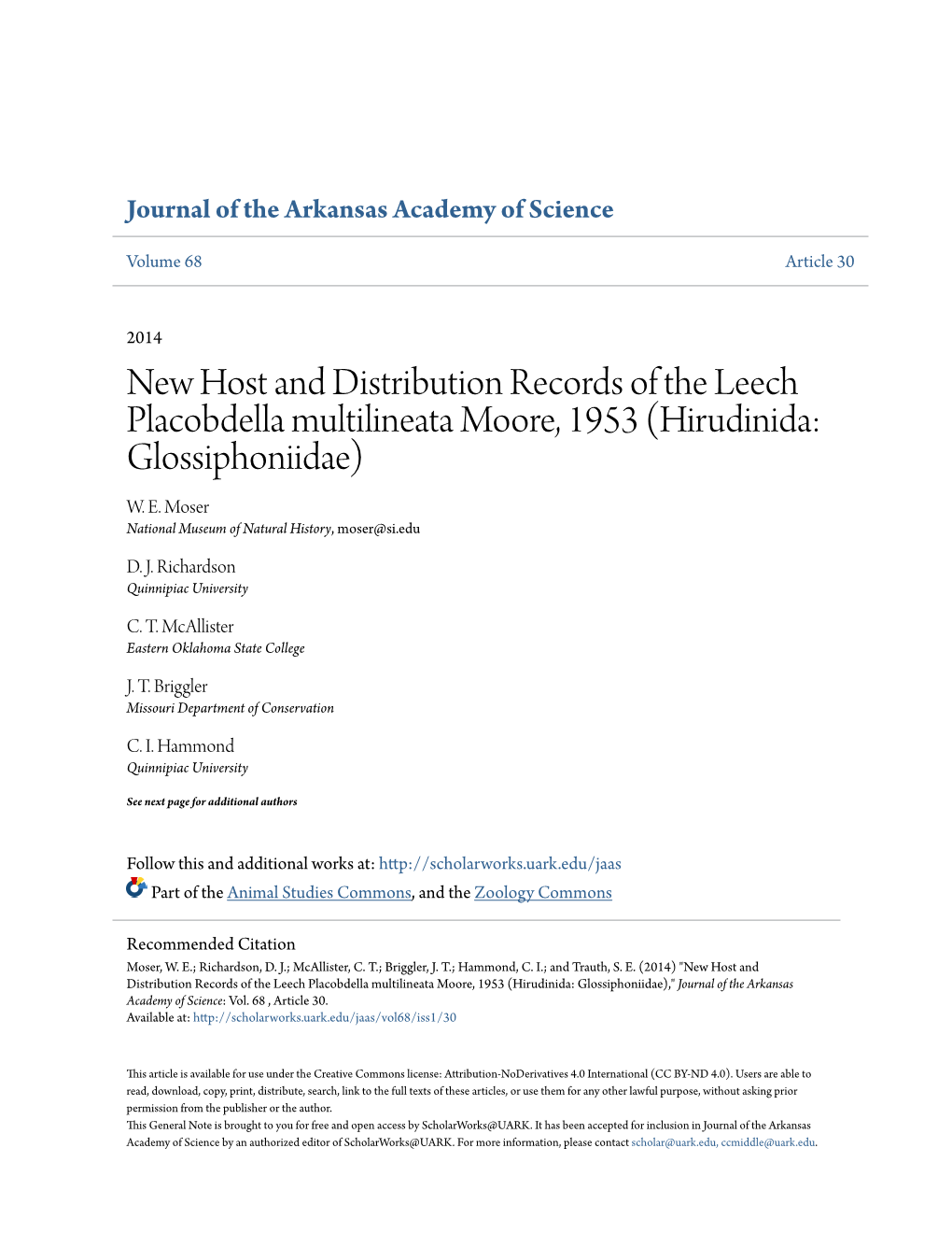 New Host and Distribution Records of the Leech Placobdella Multilineata Moore, 1953 (Hirudinida: Glossiphoniidae) W