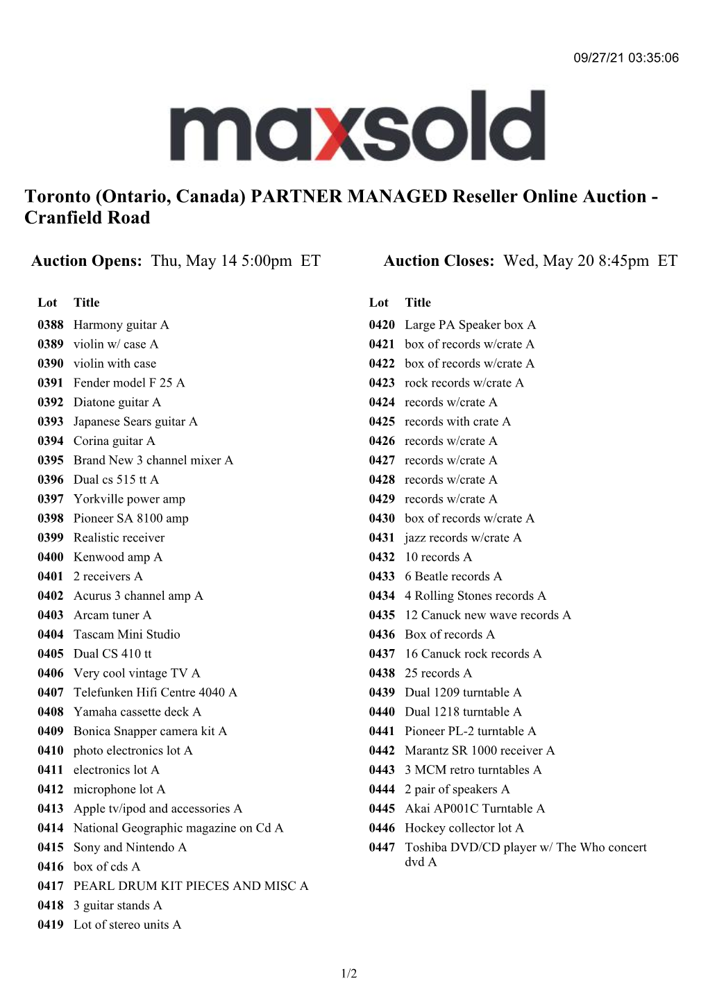 Toronto (Ontario, Canada) PARTNER MANAGED Reseller Online Auction - Cranfield Road