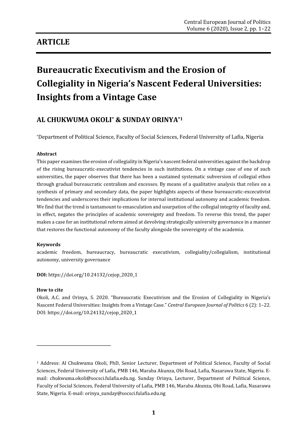 Bureaucratic Executivism and the Erosion of Collegiality in Nigeria’S Nascent Federal Universities: Insights from a Vintage Case