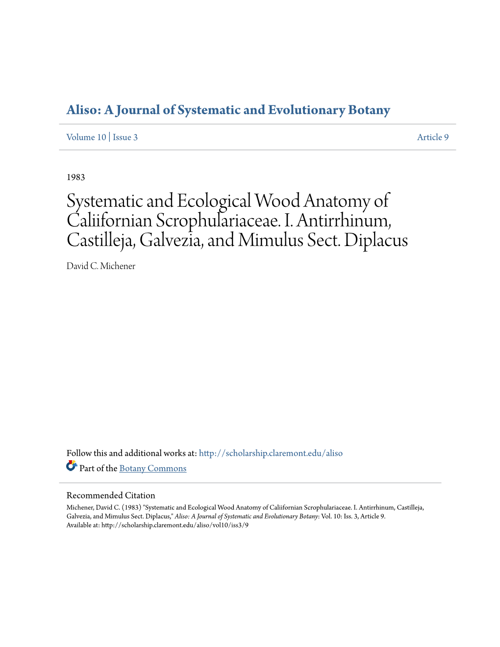 Systematic and Ecological Wood Anatomy of Caliifornian Scrophulariaceae