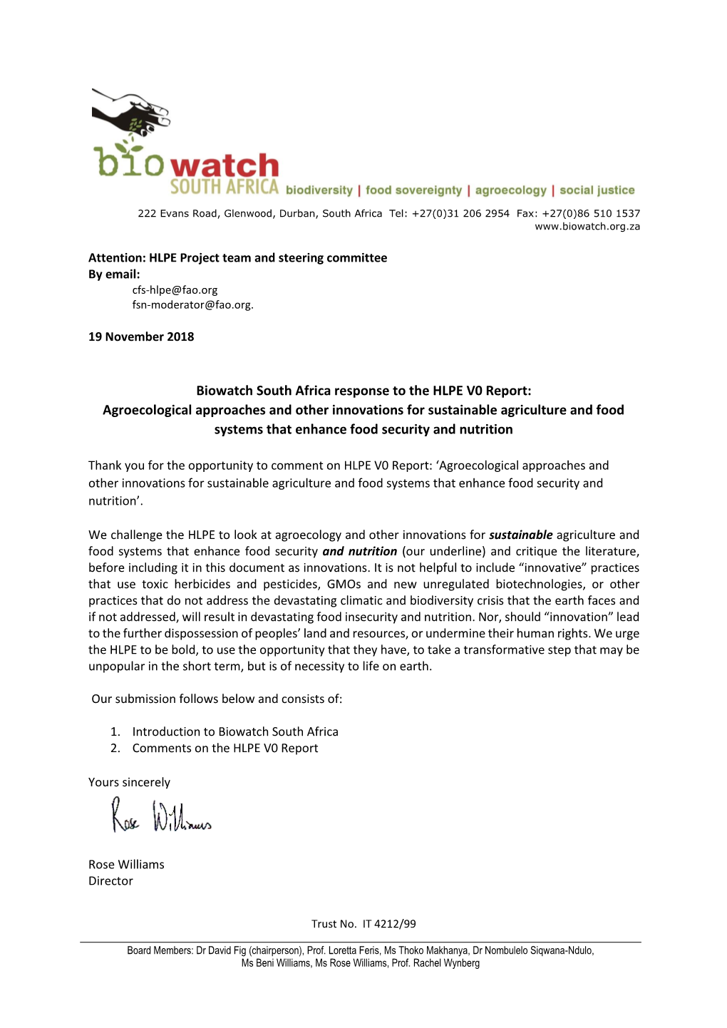 Biowatch South Africa Response to the HLPE V0 Report: Agroecological