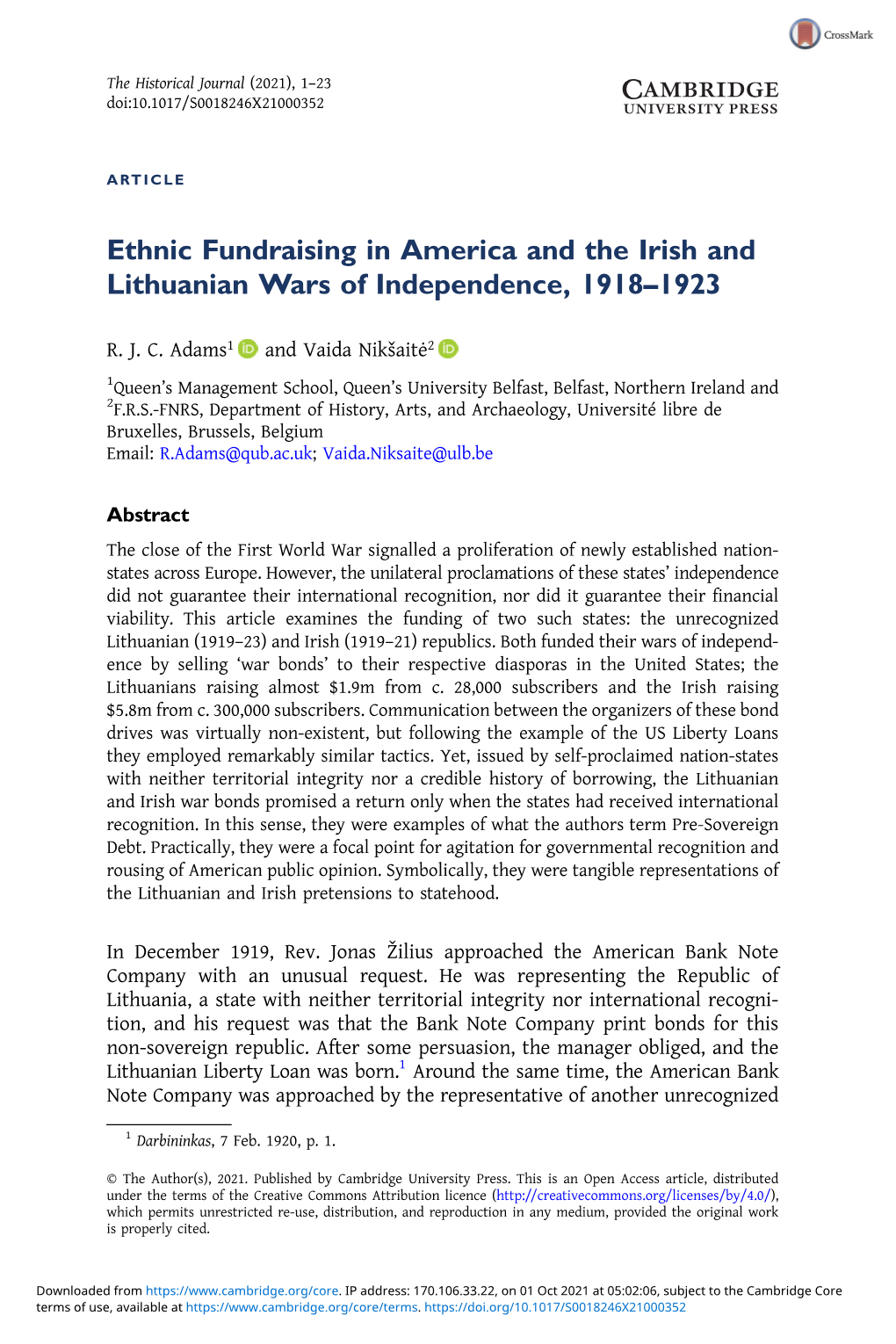 Ethnic Fundraising in America and the Irish and Lithuanian Wars of Independence, 1918–1923