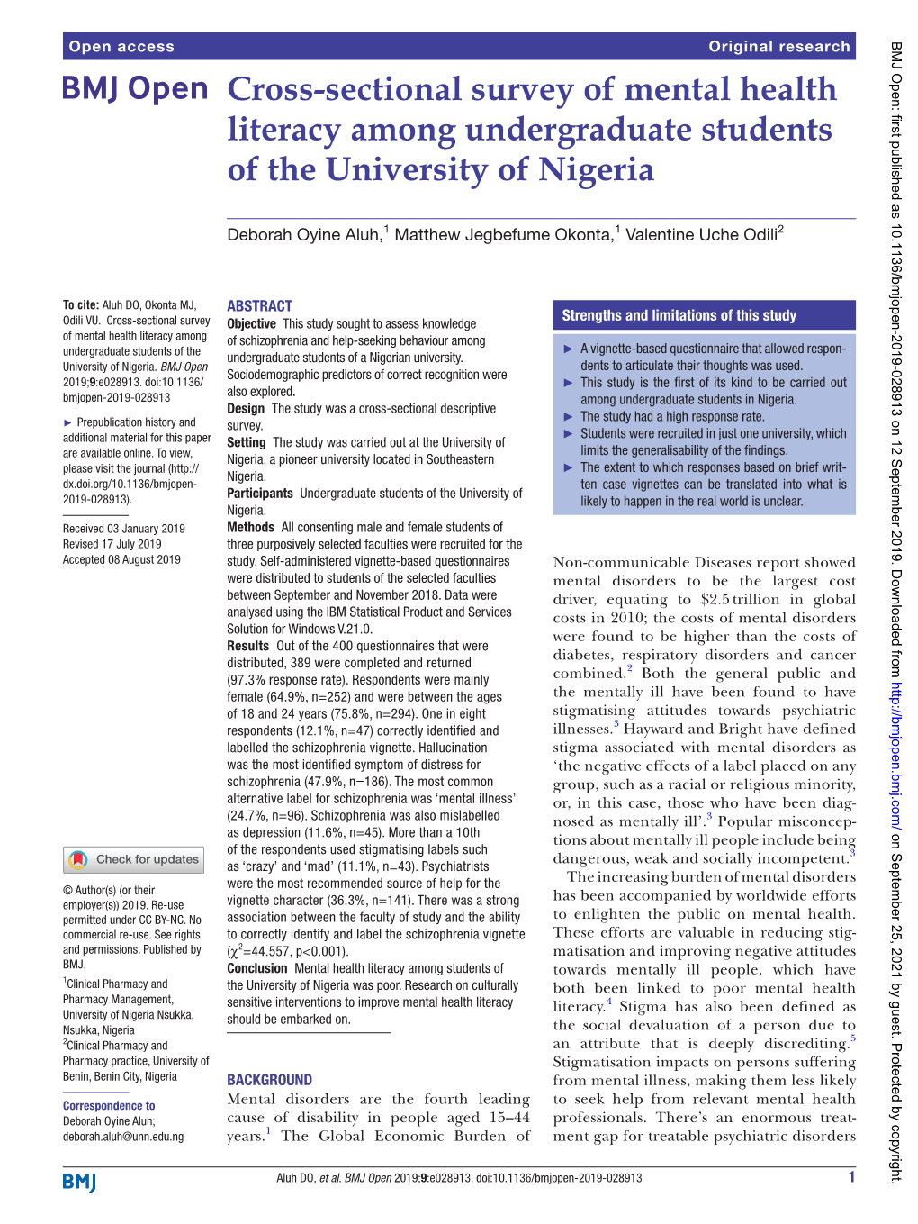Cross-Sectional Survey of Mental Health Literacy Among Undergraduate Students of the University of Nigeria
