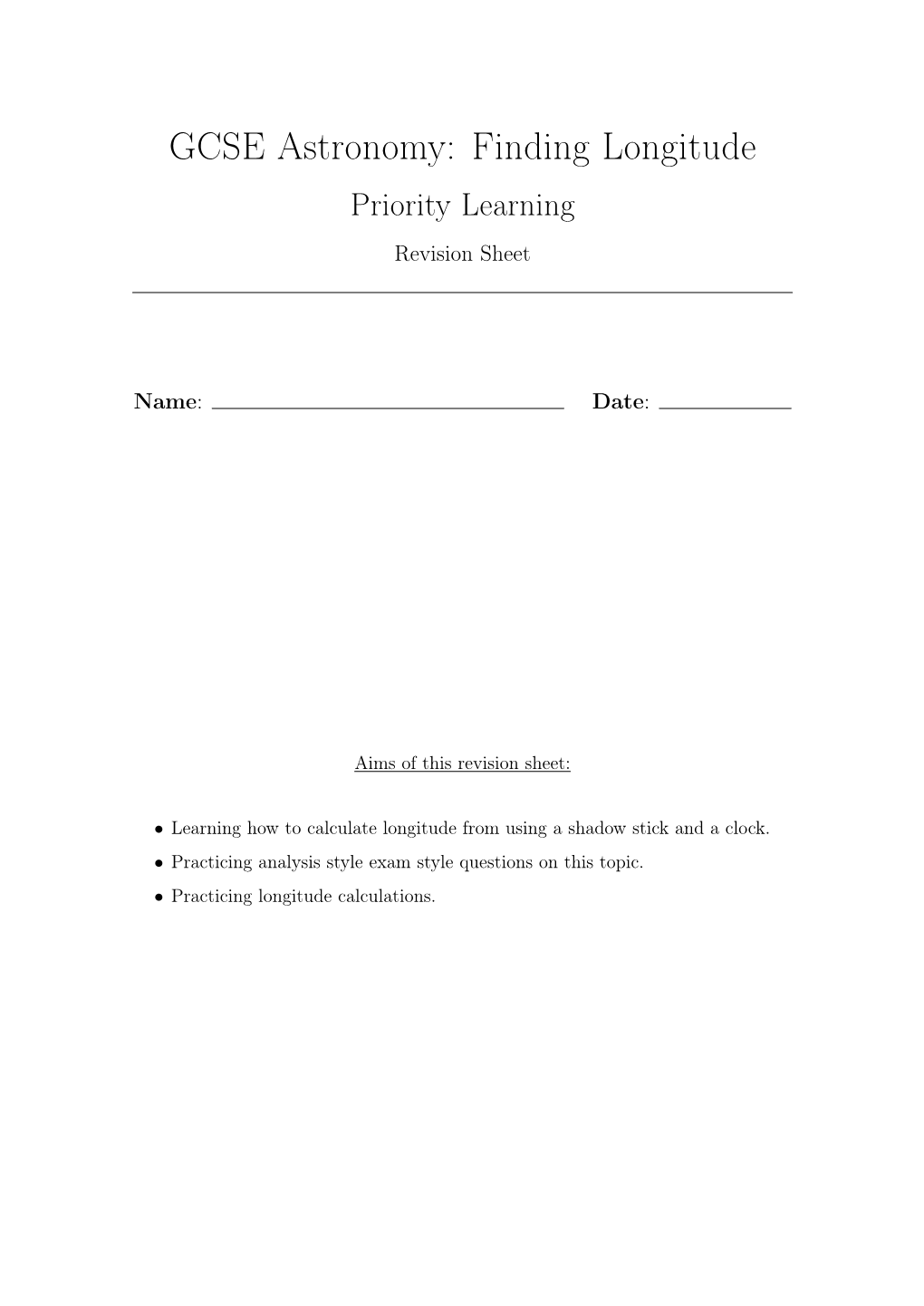 GCSE Astronomy: Finding Longitude Priority Learning Revision Sheet