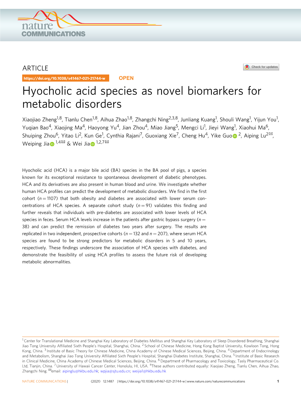 Hyocholic Acid Species As Novel Biomarkers for Metabolic Disorders