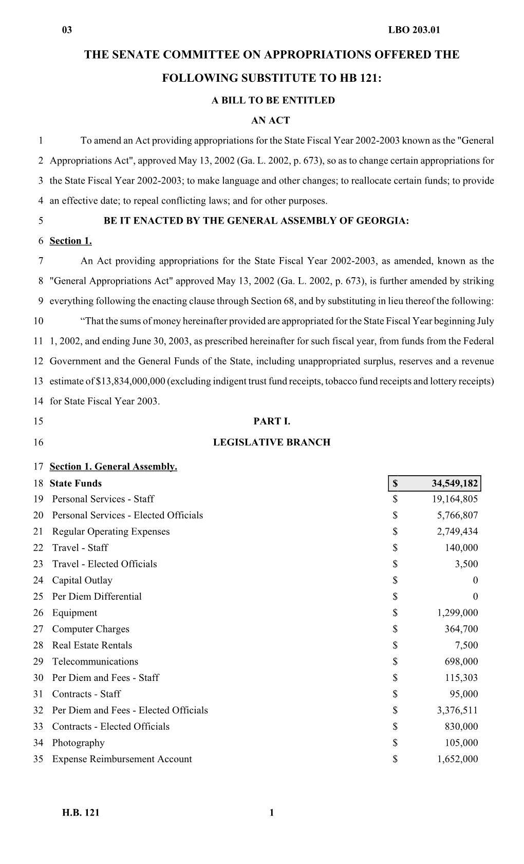 The Senate Committee on Appropriations Offered the Following Substitute to Hb 121