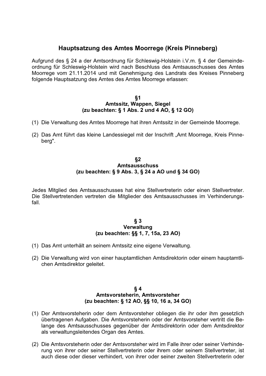 Hauptsatzung Des Amtes Moorrege (Kreis Pinneberg)