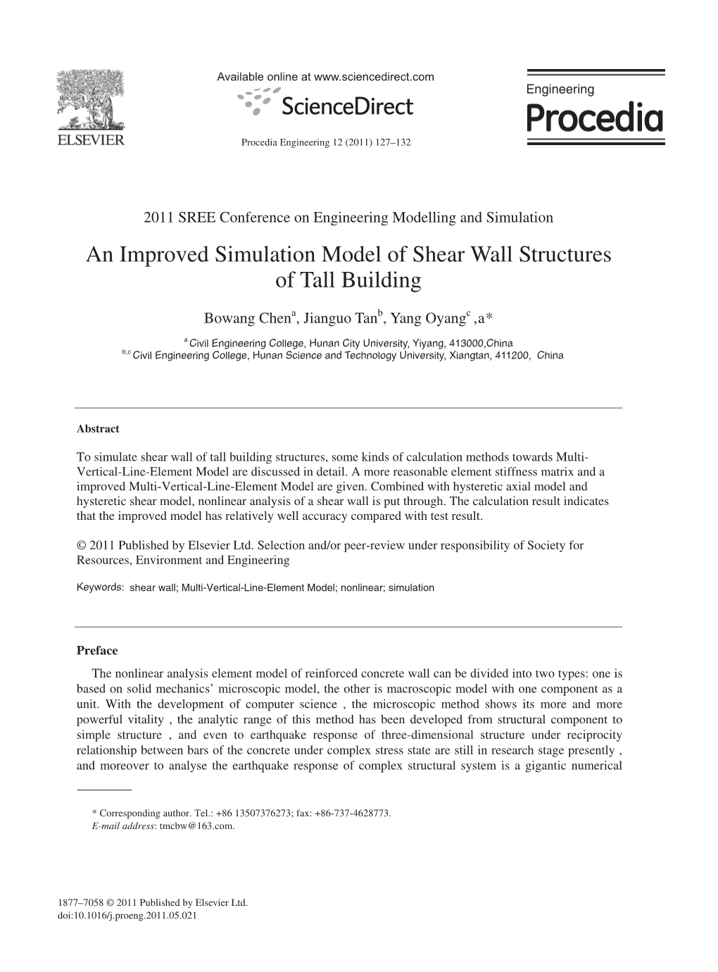 An Improved Simulation Model of Shear Wall Structures of Tall Building