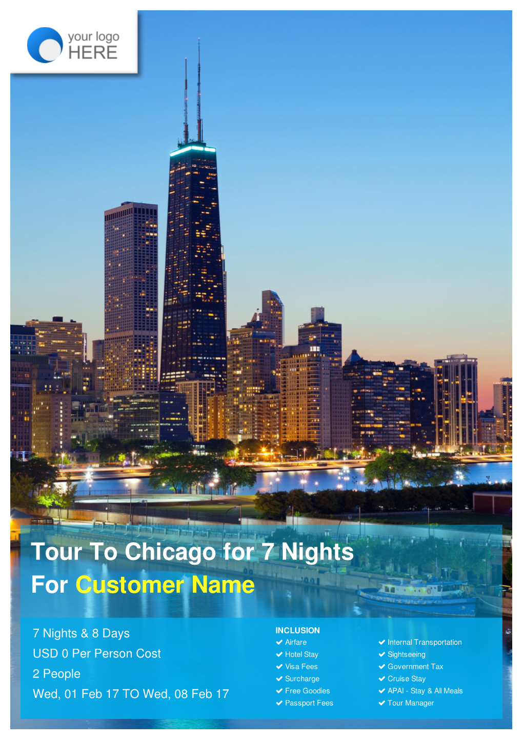 Tour to Chicago for 7 Nights for Customer Name