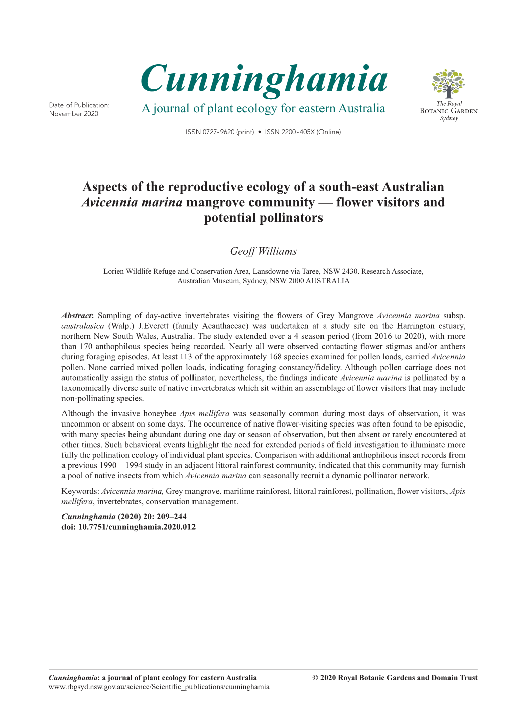 Cunninghamia Date of Publication: November 2020 a Journal of Plant Ecology for Eastern Australia