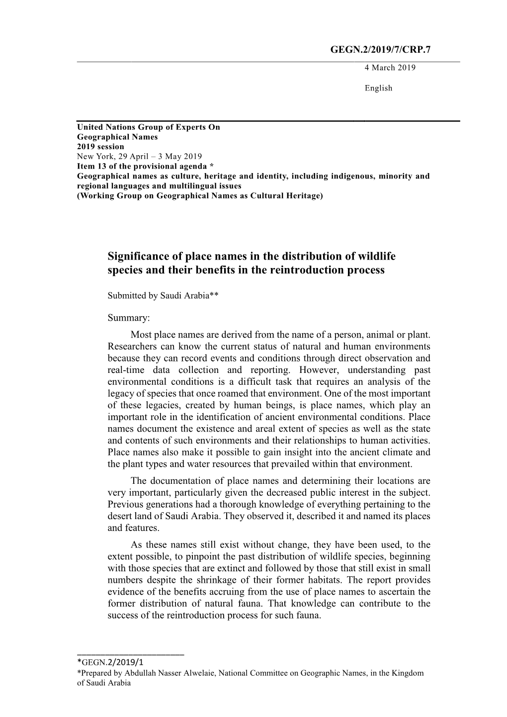 Significance of Place Names in the Distribution of Wildlife Species and Their Benefits in the Reintroduction Process