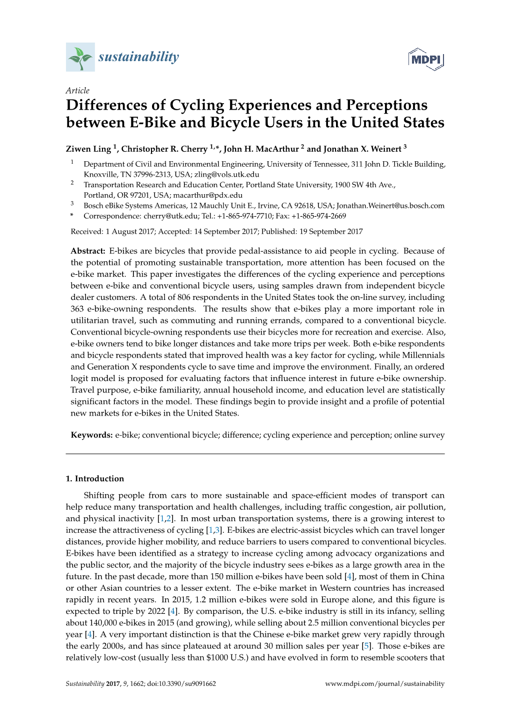 Differences of Cycling Experiences and Perceptions Between E-Bike and Bicycle Users in the United States