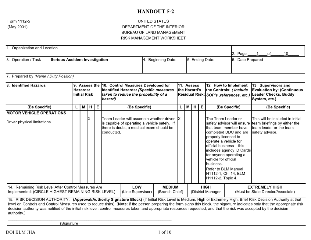 Blm Risk Management Worksheet s1