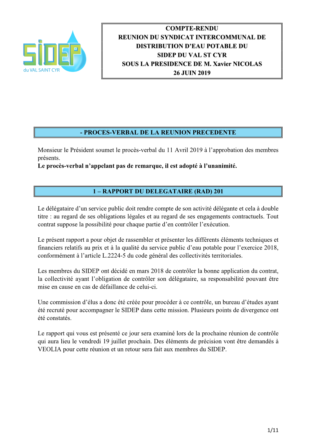 Compte-Rendu Reunion Du Syndicat Intercommunal De Distribution D’Eau Potable Du Sidep Du Val St Cyr Sous La Presidence De M