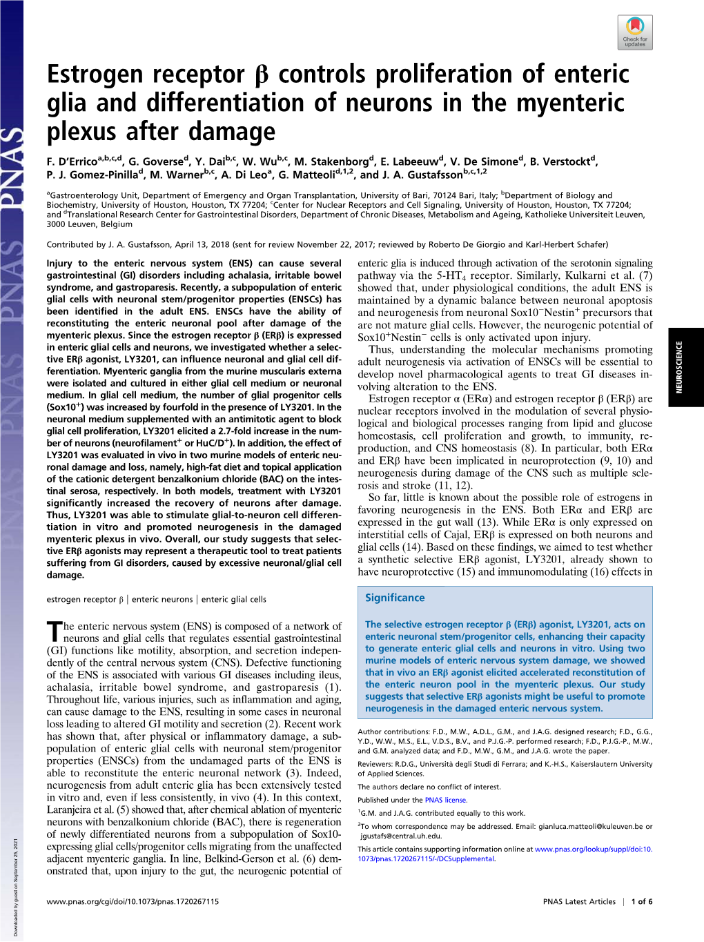 Estrogen Receptor Β Controls Proliferation of Enteric Glia and Differentiation of Neurons in the Myenteric Plexus After Damage