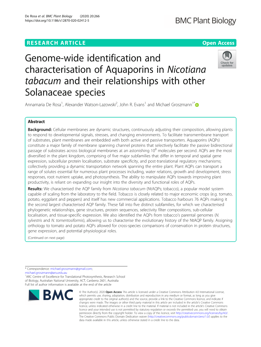 Genome-Wide Identification and Characterisation of Aquaporins in Nicotiana Tabacum and Their Relationships with Other Solanaceae